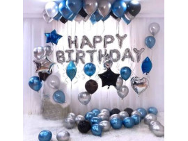 Happy Birthday Foil Balloon Silver Metallic Balloons Blue, Black and Silver Letter Balloon  (Silver, Black, Blue, Pack of 63)